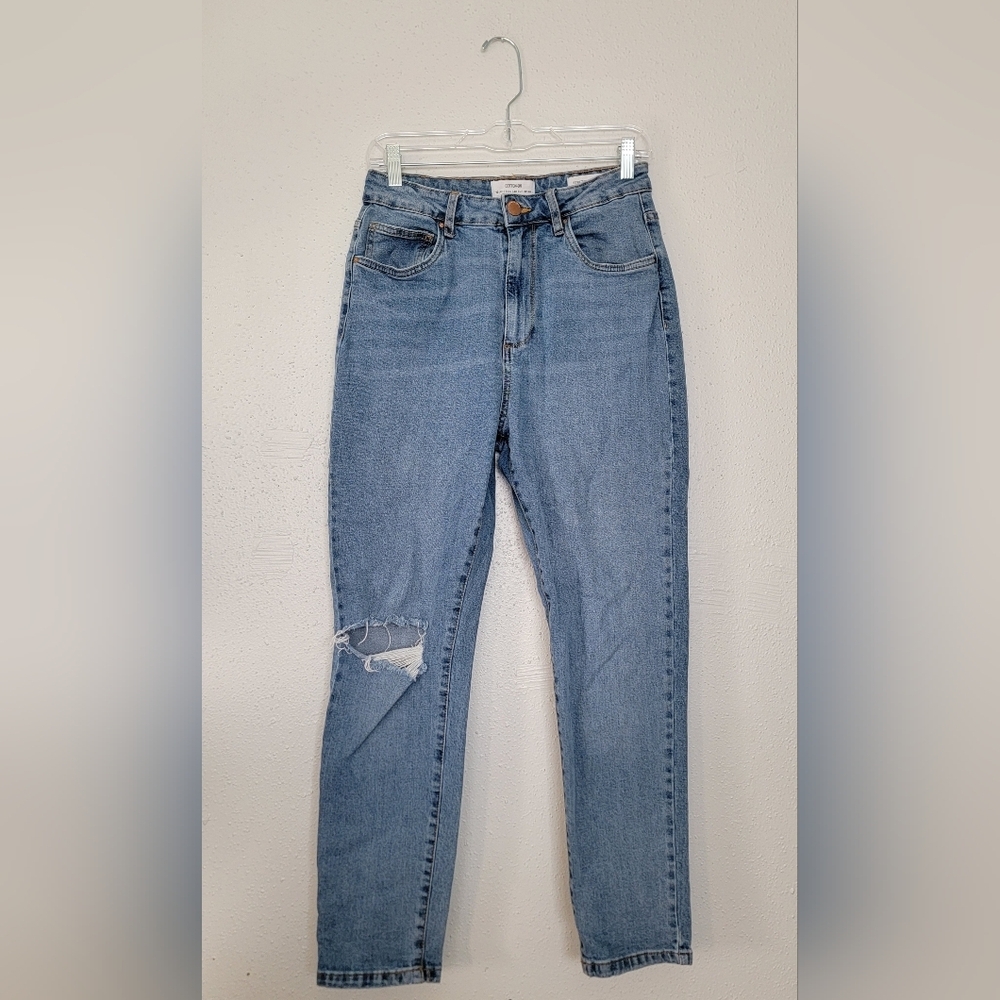 Cotton On Distressed Stretch Mom Blue Denim Jeans